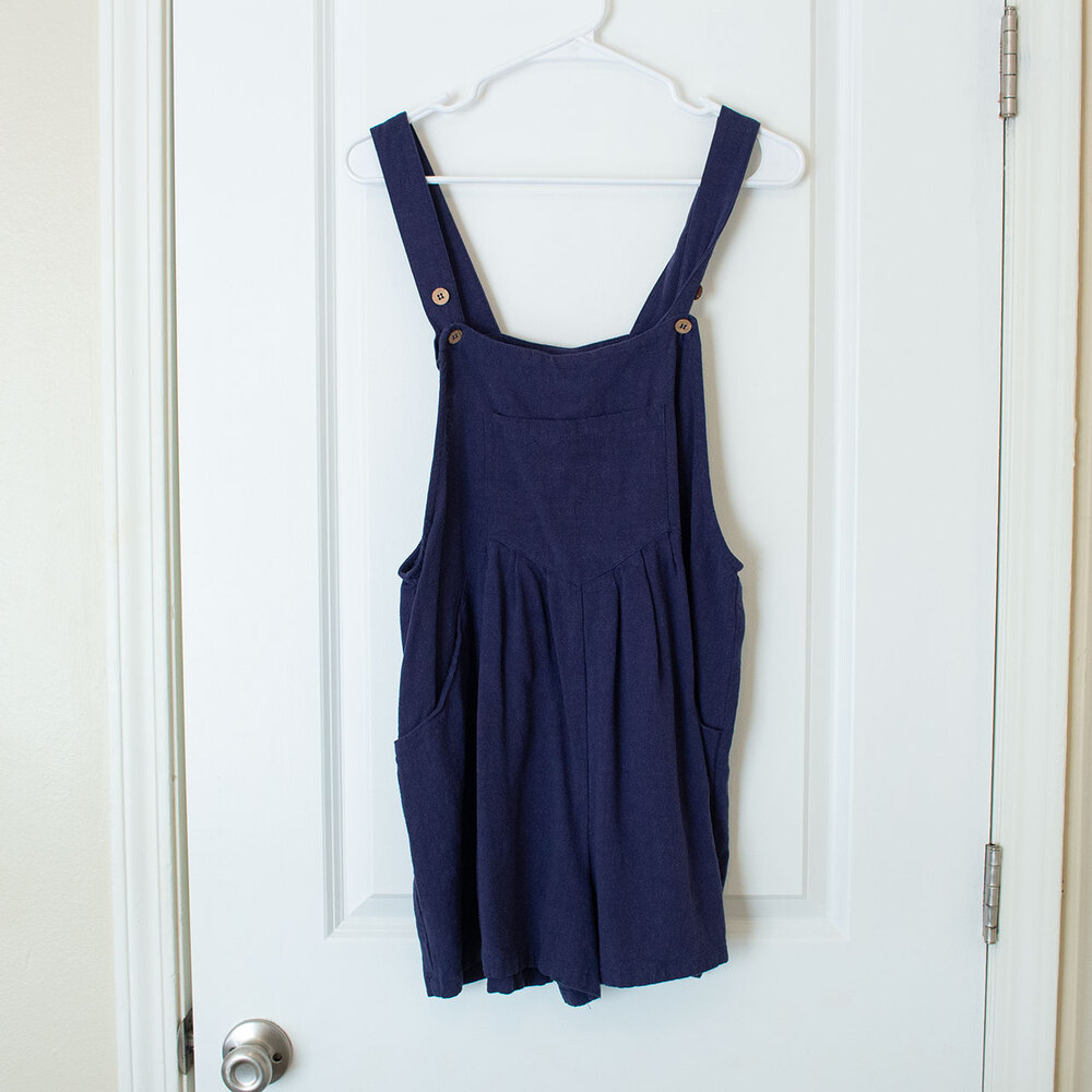 Anrabess L Farmcore Jumper Overalls Shorts Summer Navy Blue Big Pockets Buttons